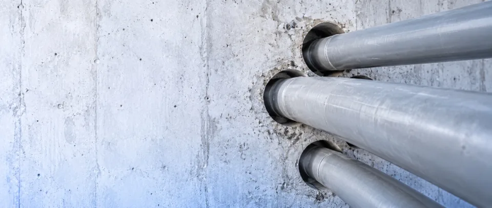 Beton duvardaki karot deliklerinden geçen mekanik tesisat boruları